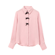 Autumn Beauty Outfit Velvet Bow Decorated Shirt