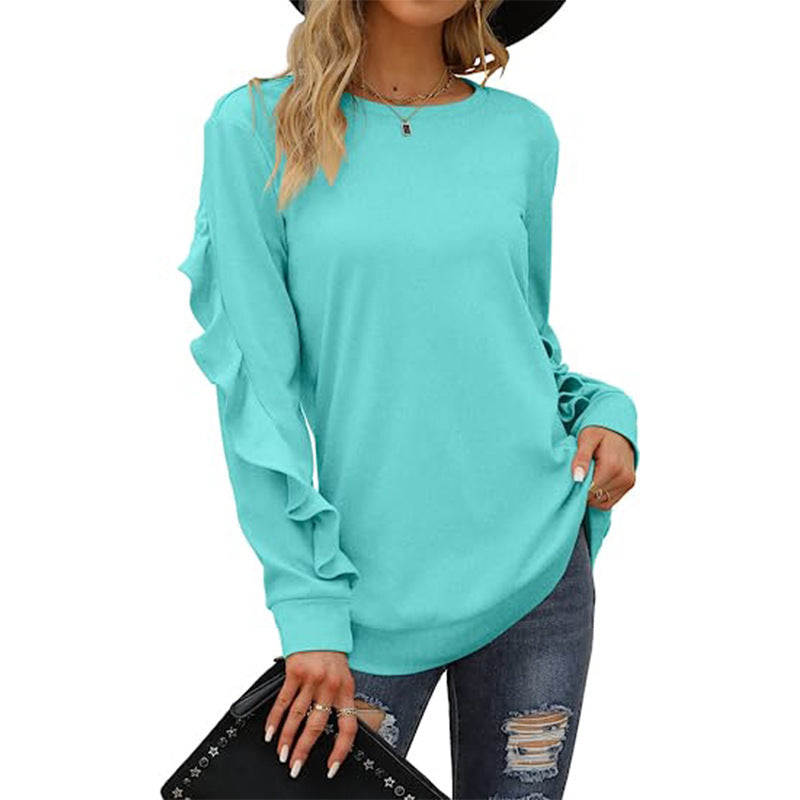 Chic Pleated Long Sleeve Round Neck Casual Women's Sweater