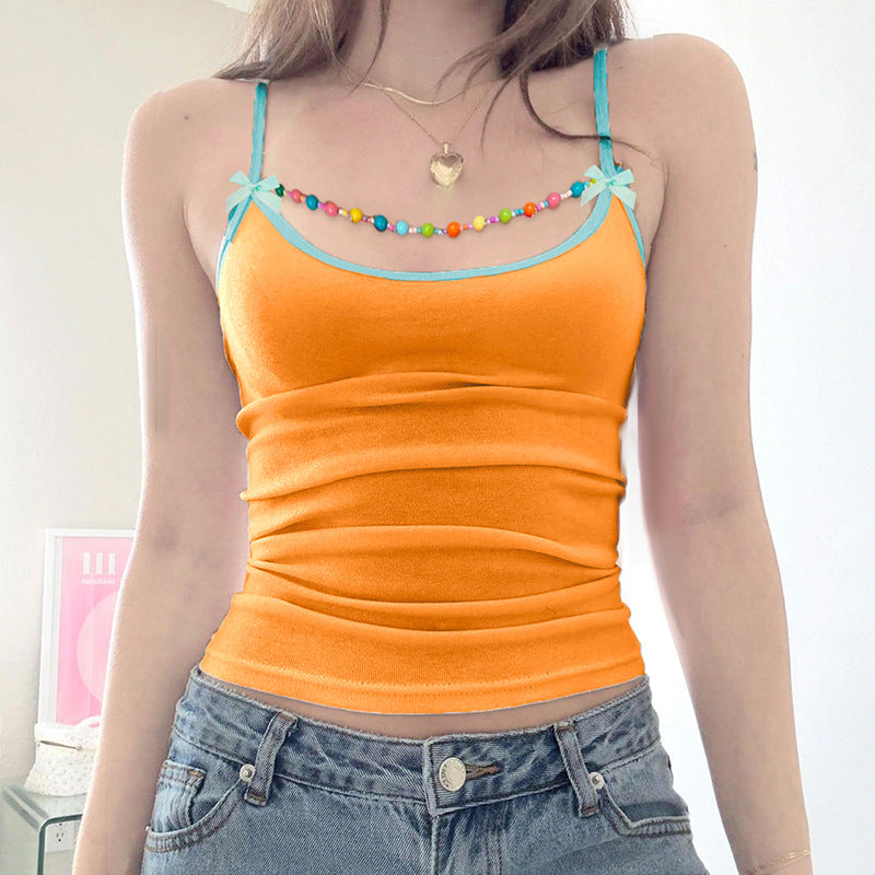 Colorful Beaded Bow Summer Top – Slim Fit, Fresh & Sweet Tee