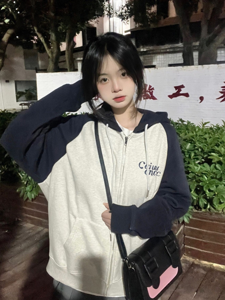 Retro Contrast Hooded Cardigan Loose Sweatshirt