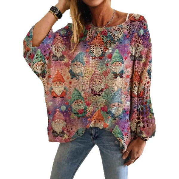 Bat Loose Off-shoulder Boat Neck Diamond Hollow-out Contrast Color Christmas Print Knitted Sweater