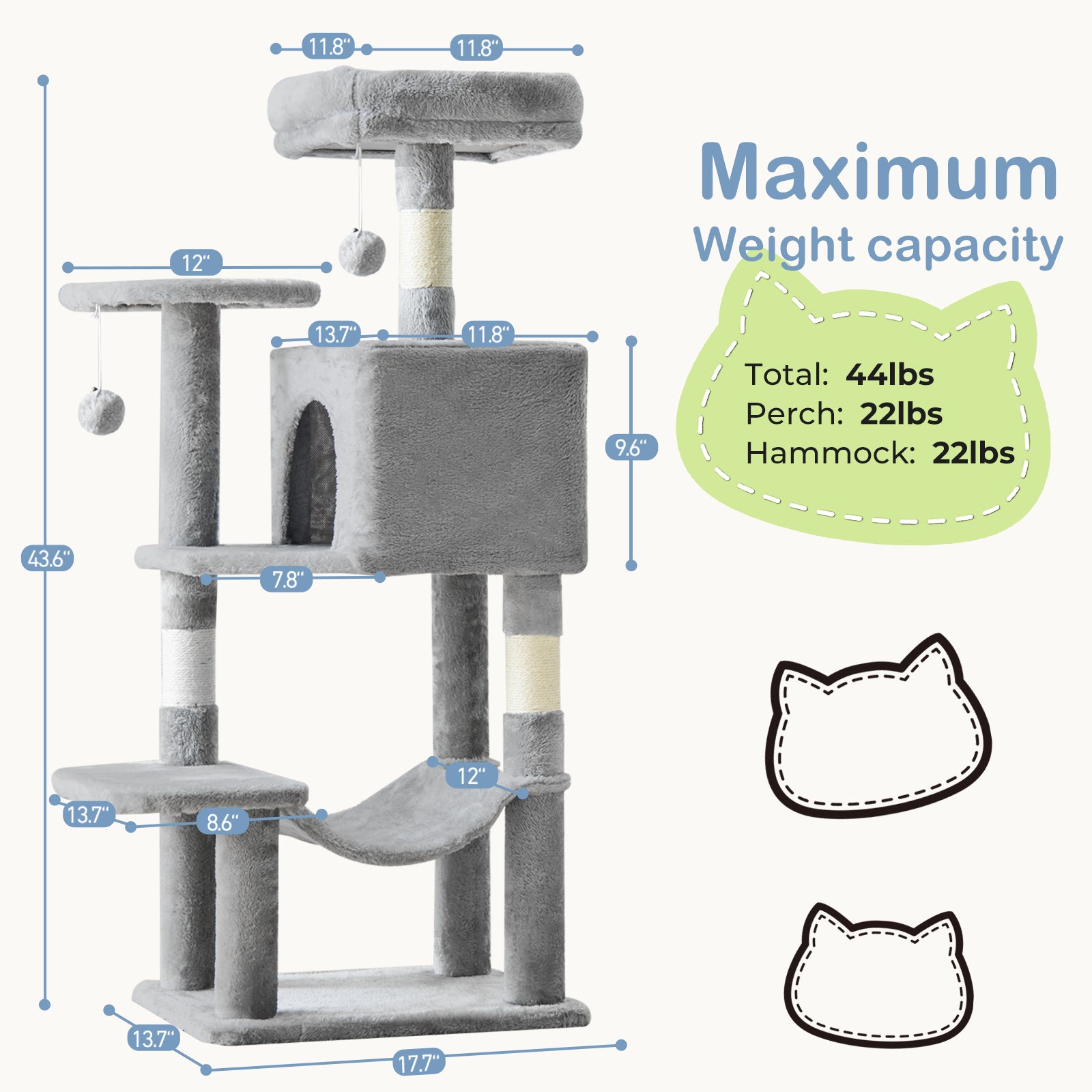 44 Inch Indoor Cat Tower With Scratching Post, Hammock & Cave - Multi-Level Cat Condo With Anti-Tilt Stable Base, Easy Assembly, Durable Polyester Fiber