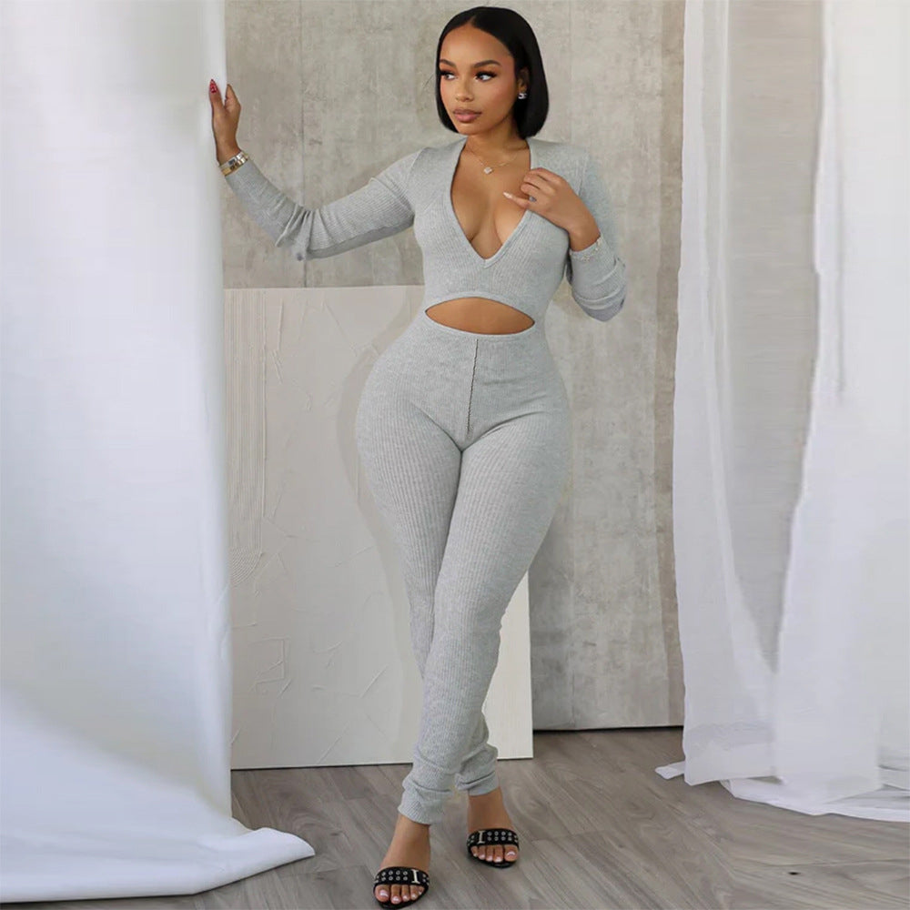 Sexy V-Neck Hollow-Out Long-Sleeve Jumpsuit