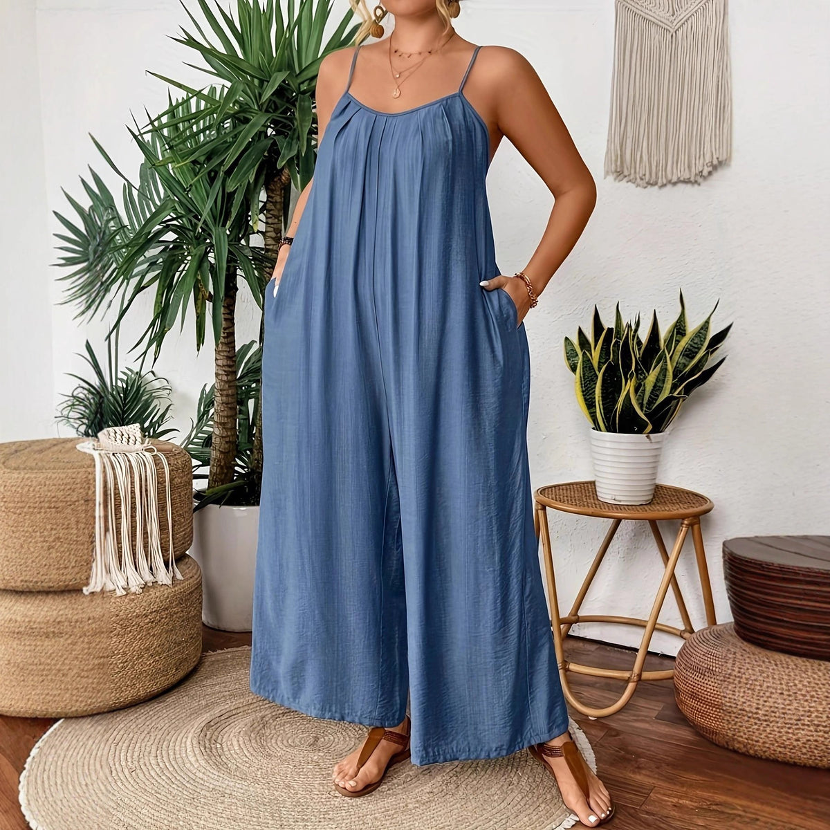 Chic Casual Plus-Size Wide-Leg Strap Jumpsuit