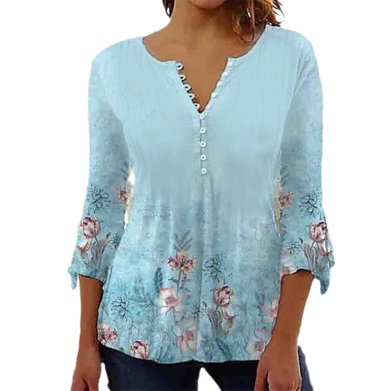 Women's 3d Digital Printing Button T-shirt Top