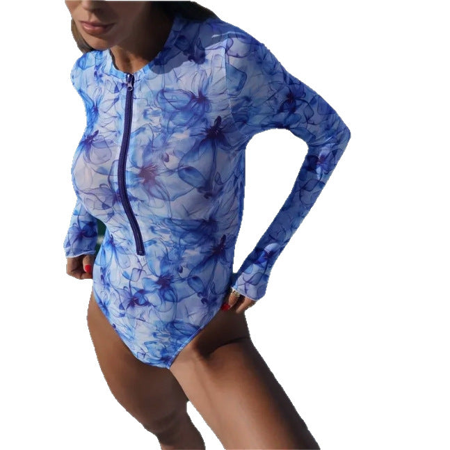 Zip-up Long-sleeve Sun-protective Mesh Printed One-piece Swimsuit Bikini