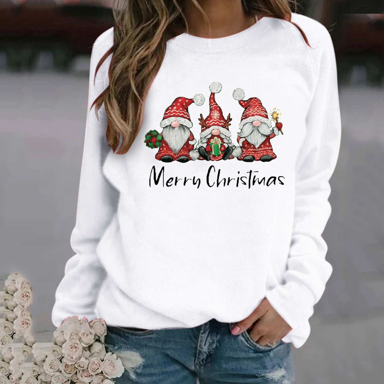 Christmas Pattern Printed Long Sleeve Round Neck Sweater Women