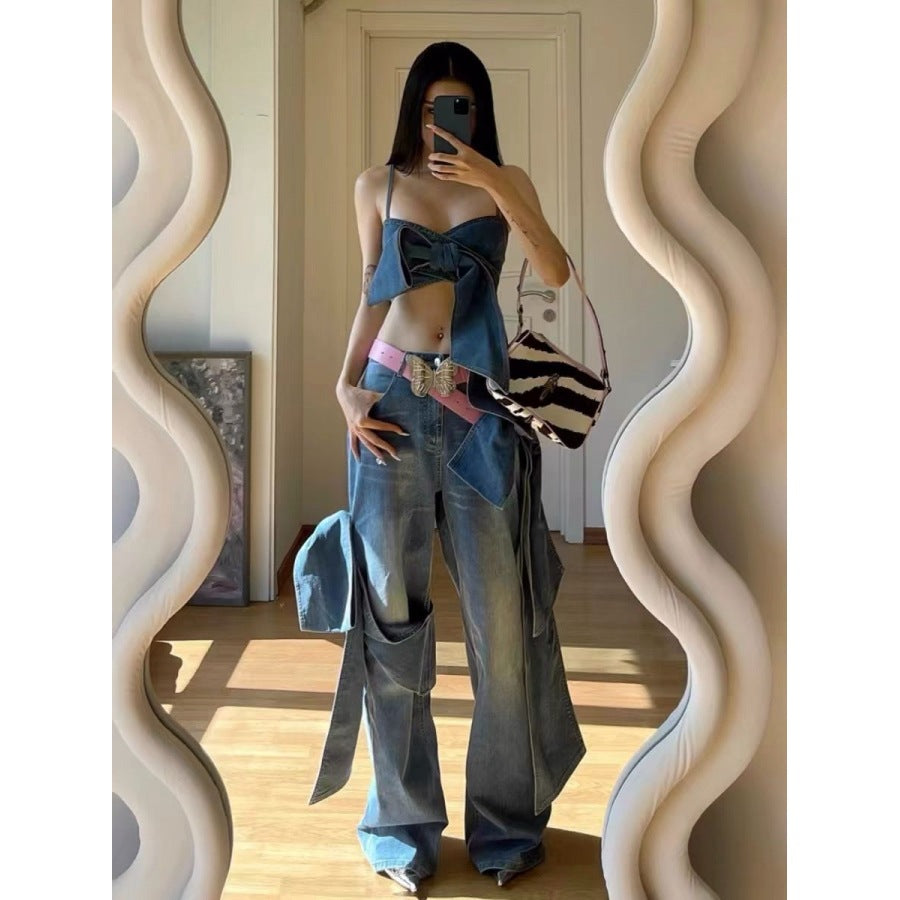 Sexy Bow Tie Denim Crop Top & Ultra Short Set