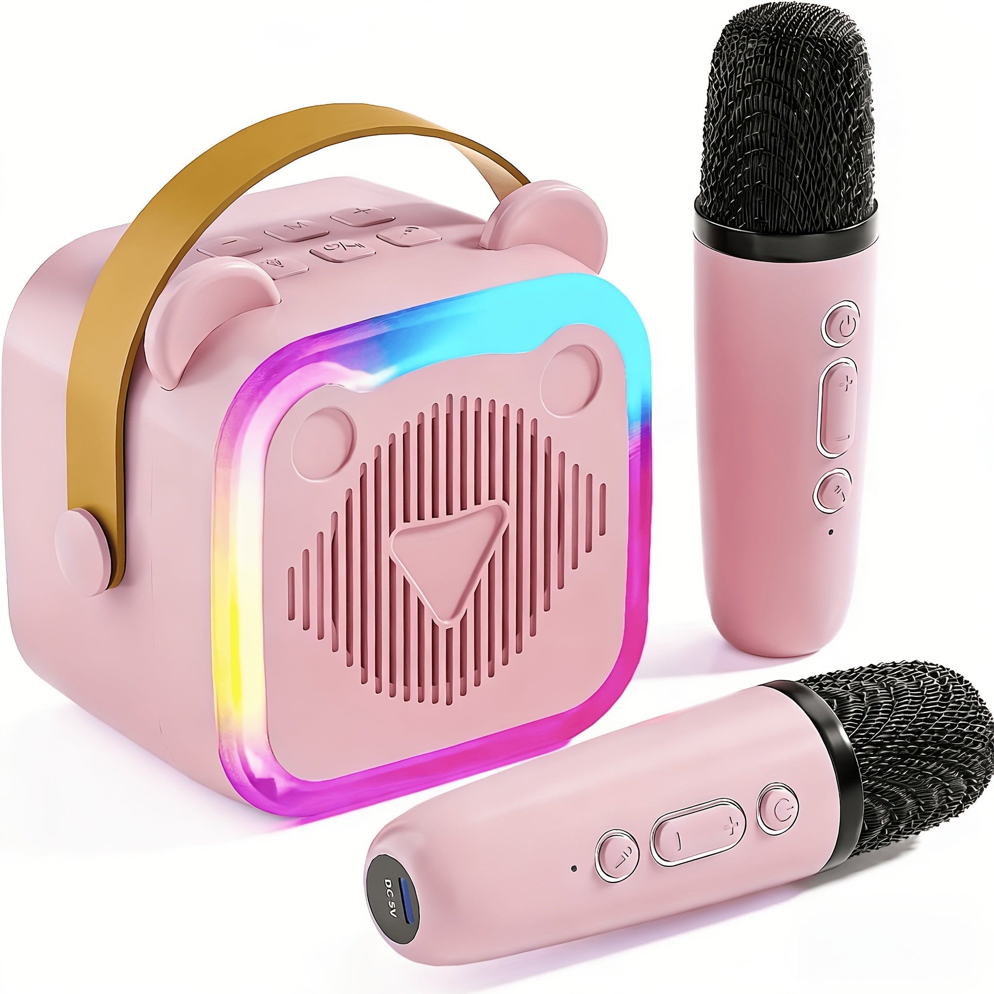 Mini Portable Cat Ear Karaoke Machine with Wireless Microphones and LED Lights