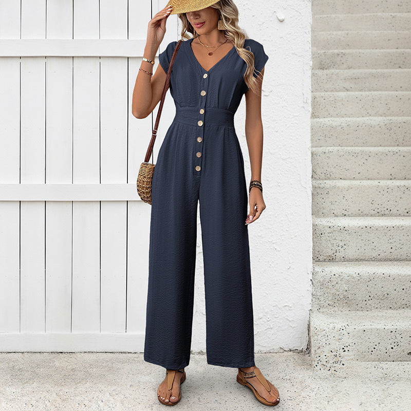 Casual V-neck Solid-color High-waist Wide-leg Jumpsuit