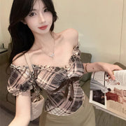 Plaid Puff Short Sleeve Blouse With Lace Trim For Women