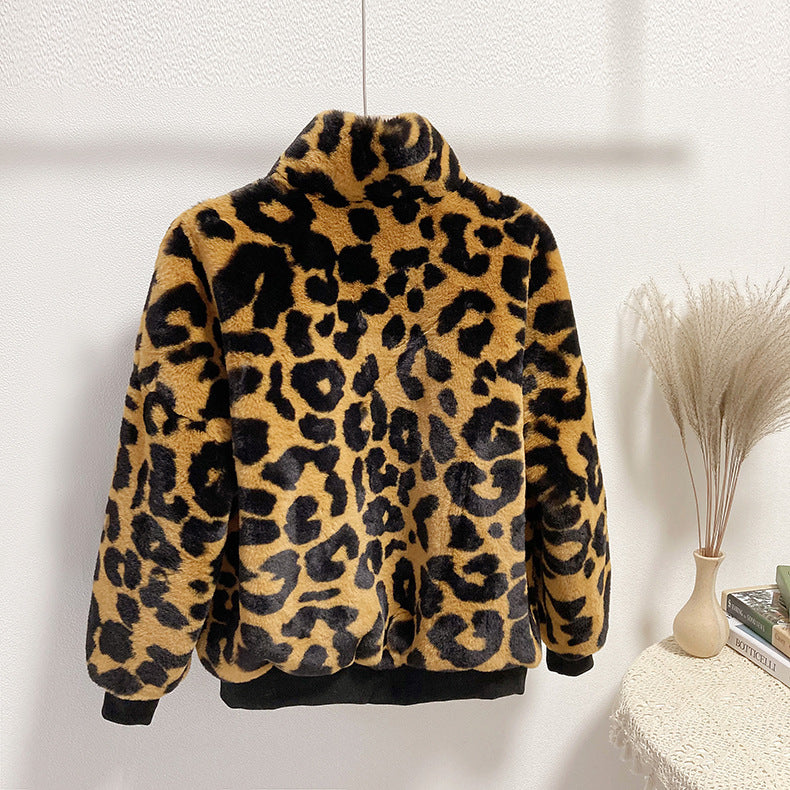 Leopard Print Faux Fur Stitching Women's Winter Sweater