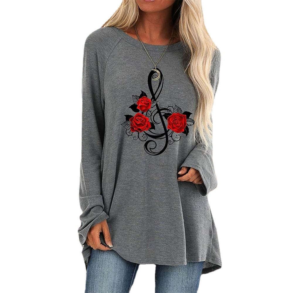 Women's 3D Rose Print Round Neck Casual T-Shirt