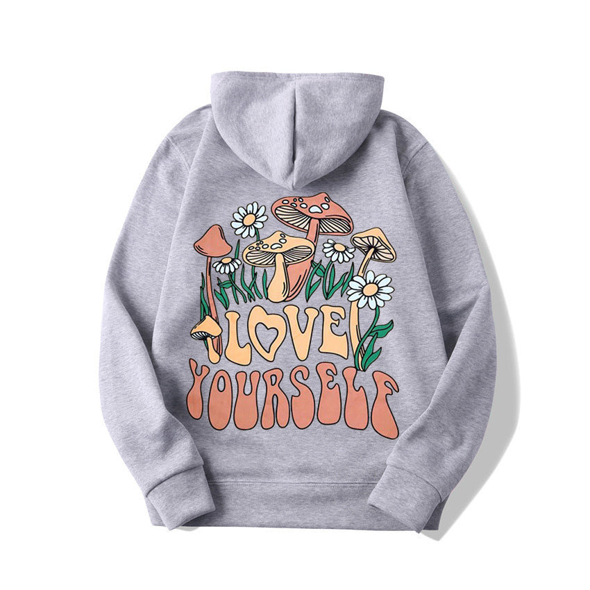 Plus Size Cute Mushroom Slogan Cozy Pullover Hoodie