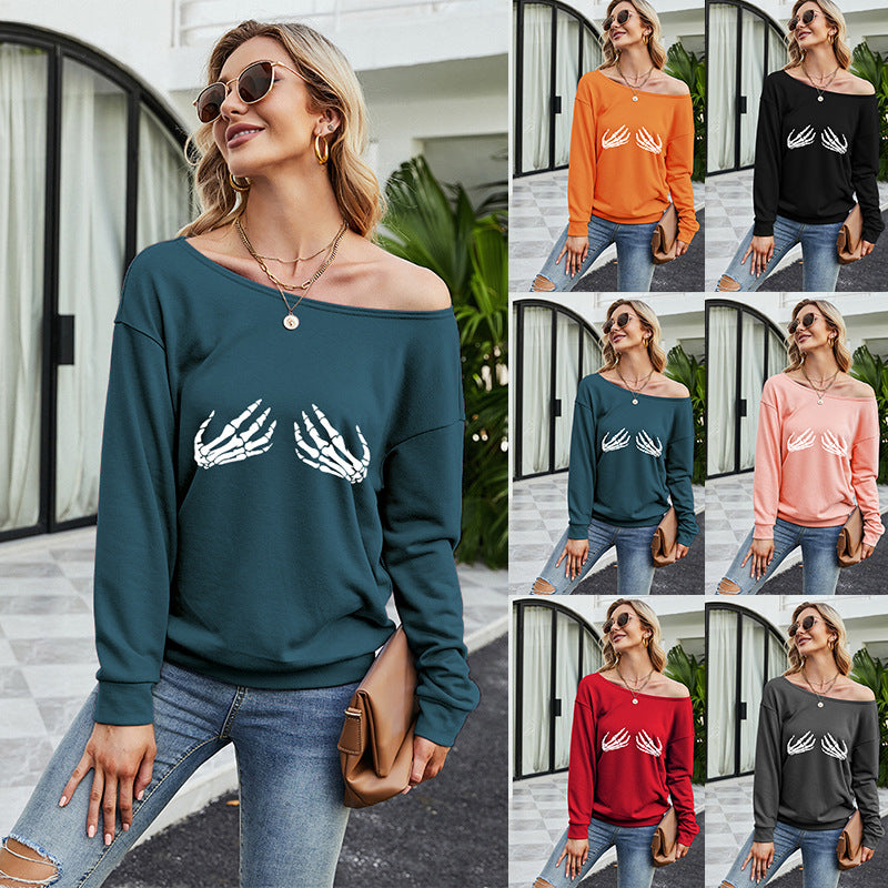 Women's Sloping Shoulder Plush Halloween Printed Sweater