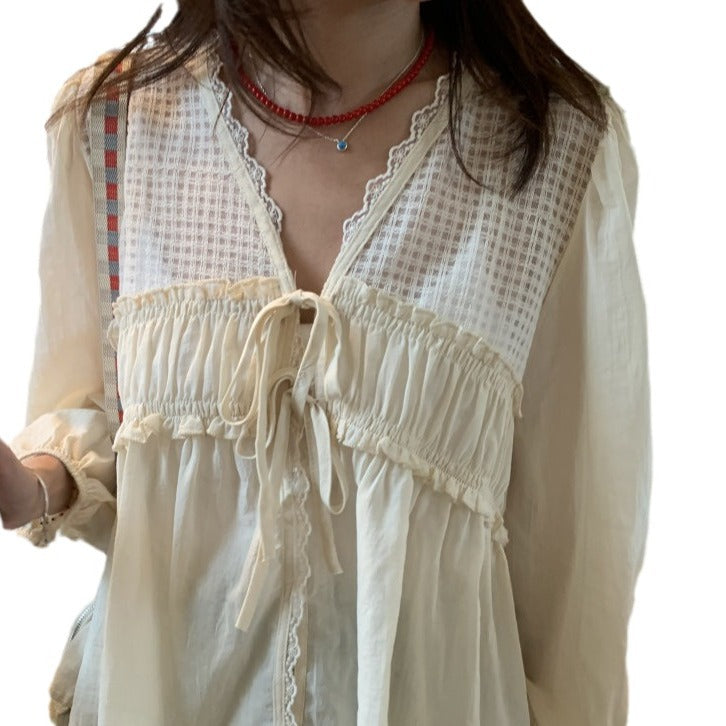 New Retro Elegant V-neck Mesh Wooden Ear Stitching Tied Loose All-matching Shirt Women