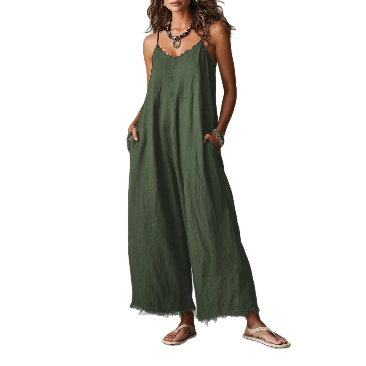 Womens Loose-fitting Solid-color Wide-leg Jumpsuit With Straps