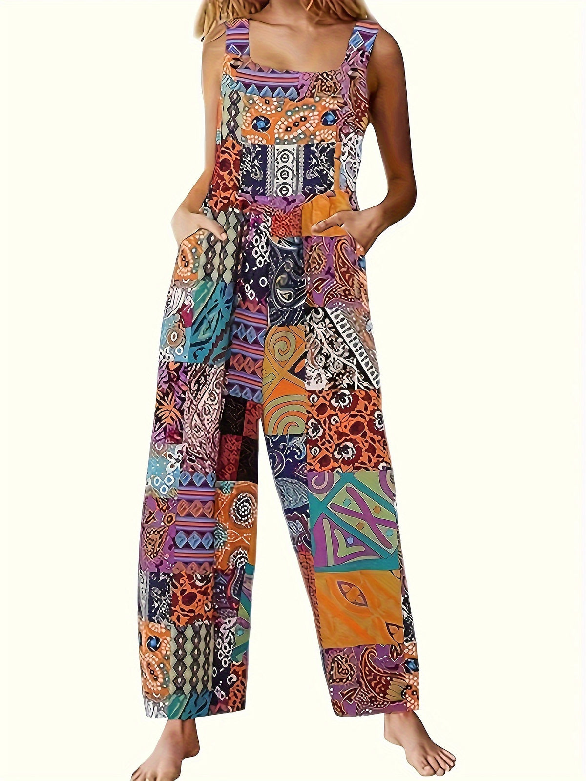 Women's Ethnic Print Button Jumpsuit Casual Romper