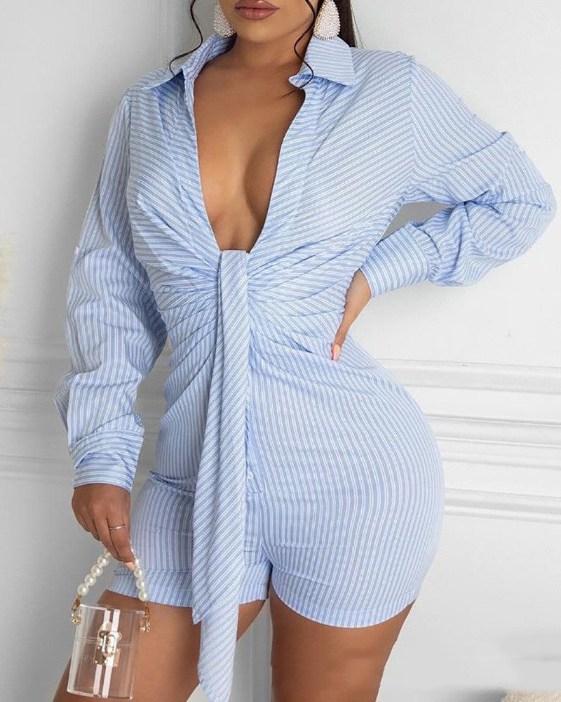 Deep V Strap Tight One-Piece Shorts Romper