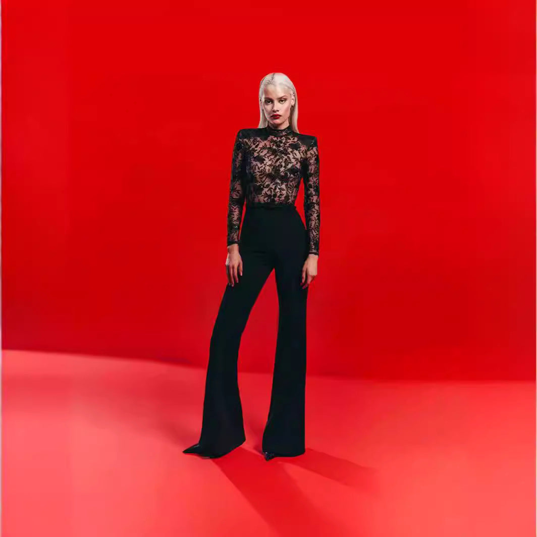 Elegance Lace See-Through Long Sleeve Evening Jumpsuit