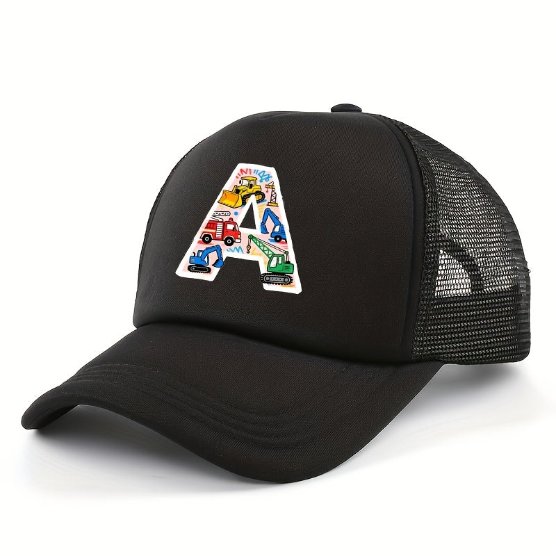 Kids' Engineering Vehicle Letter Sponge Mesh Trucker Cap – Breathable Outdoor Sports Hat