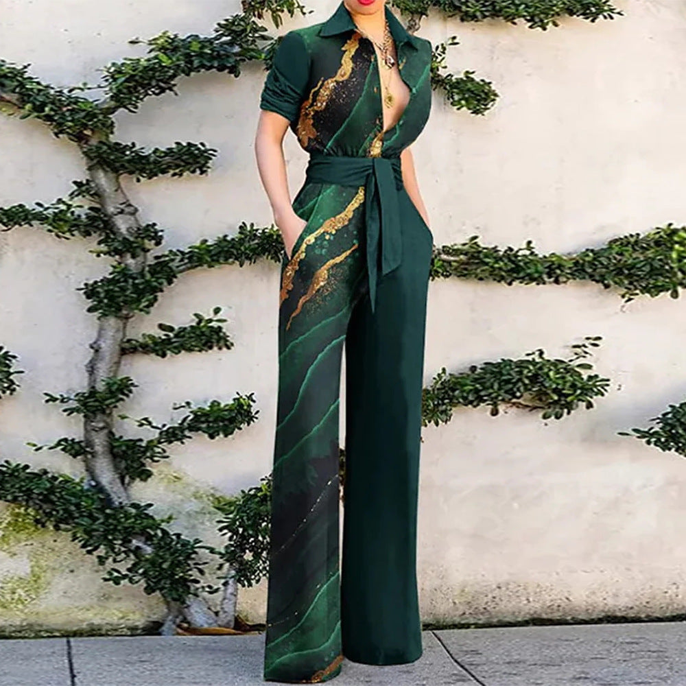 Women's Printed Long Sleeve Lapel Casual Jumpsuit