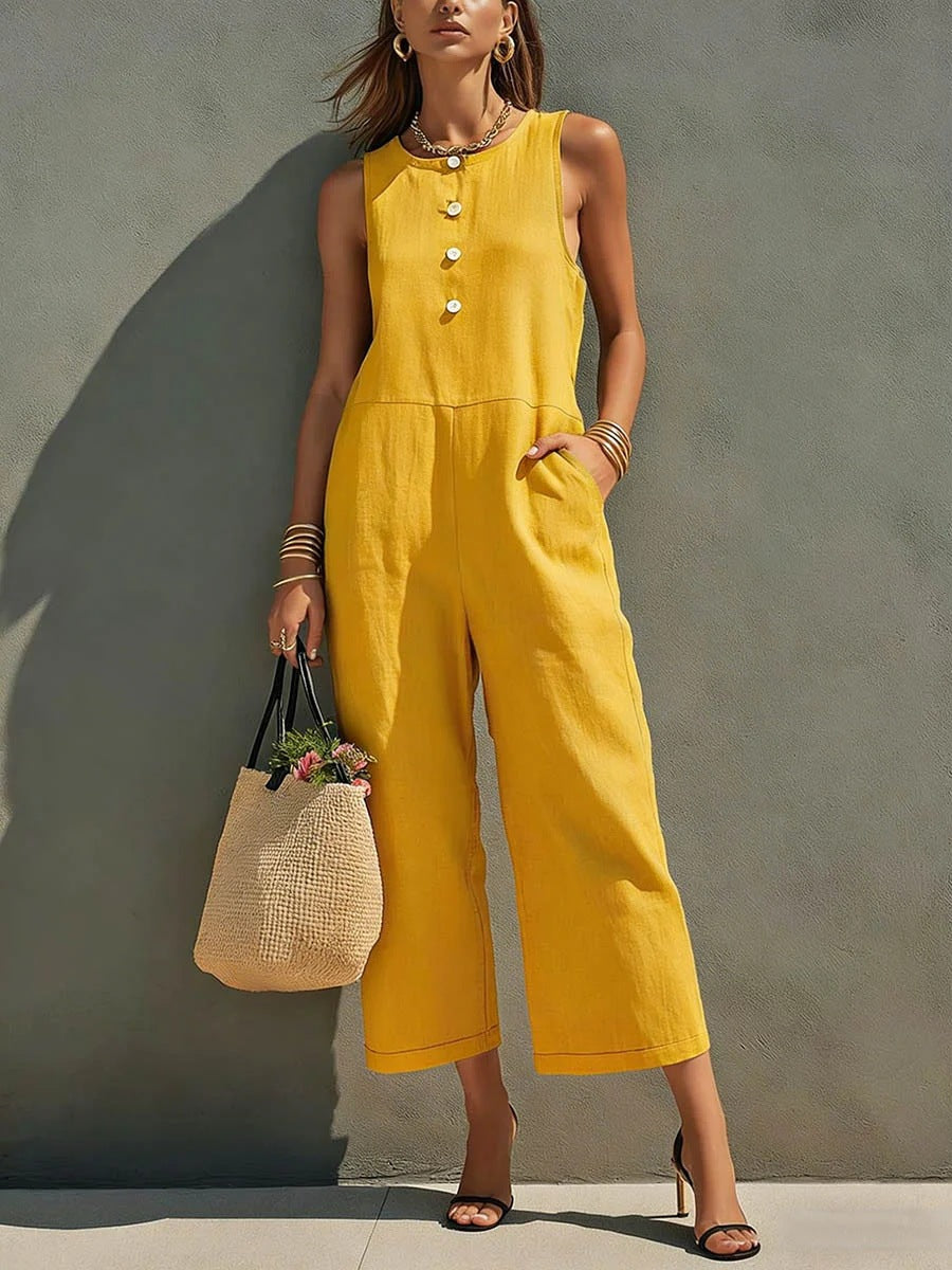 Elegant Sleeveless Wide-Leg Button Jumpsuit