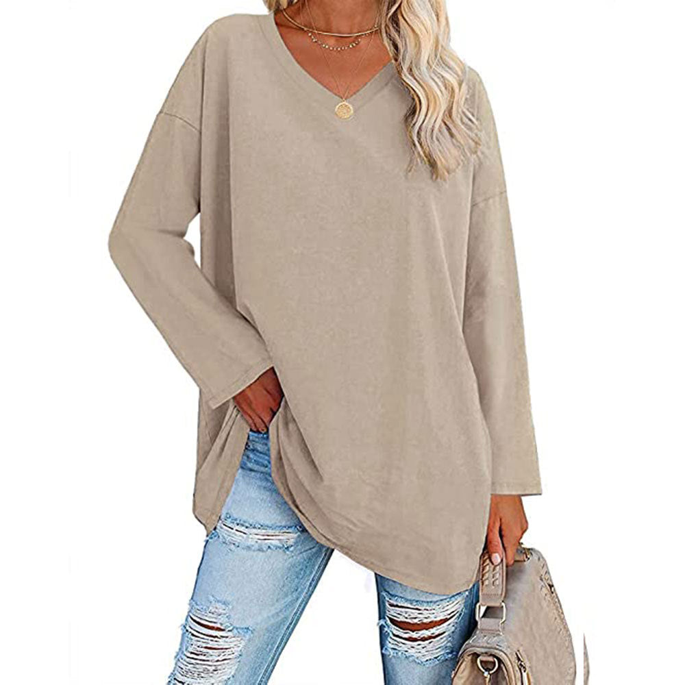 Oversized V-Neck Drop-Shoulder Casual Cotton T-Shirt