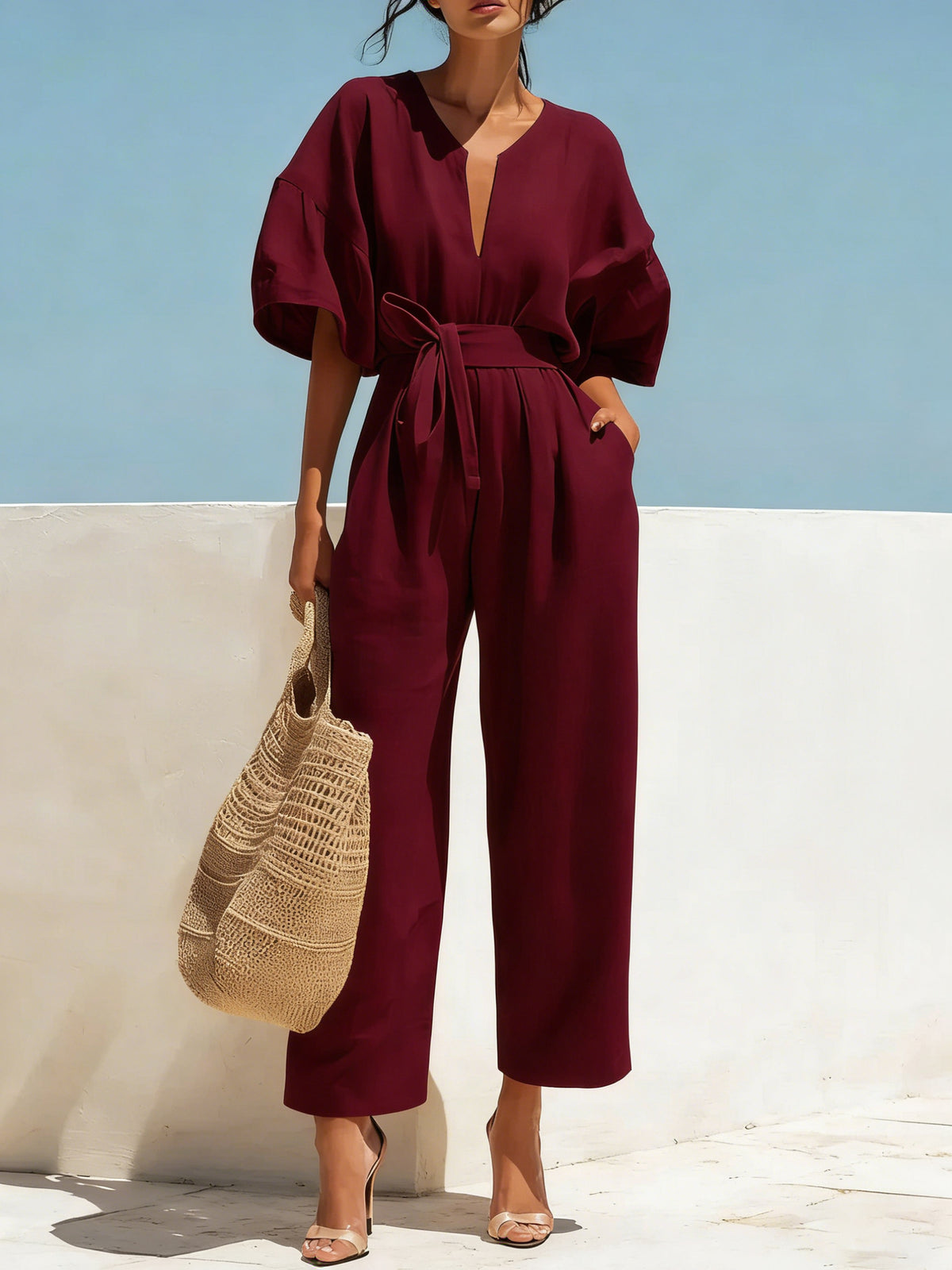 Women's Cotton Linen V-Neck Wide-Leg Jumpsuit