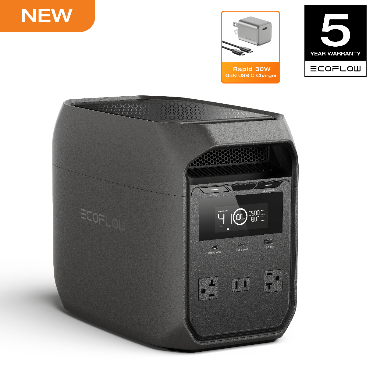 30W Rapid GaN Charger – Compact USB‑C Power Adapter, Fast 60‑Minute Charging, Compatible with 1024 Wh LiFePO4 Portable Power Stations