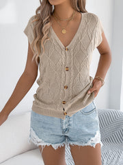 Casual Solid Color Button V-neck Knitted Vacation Top