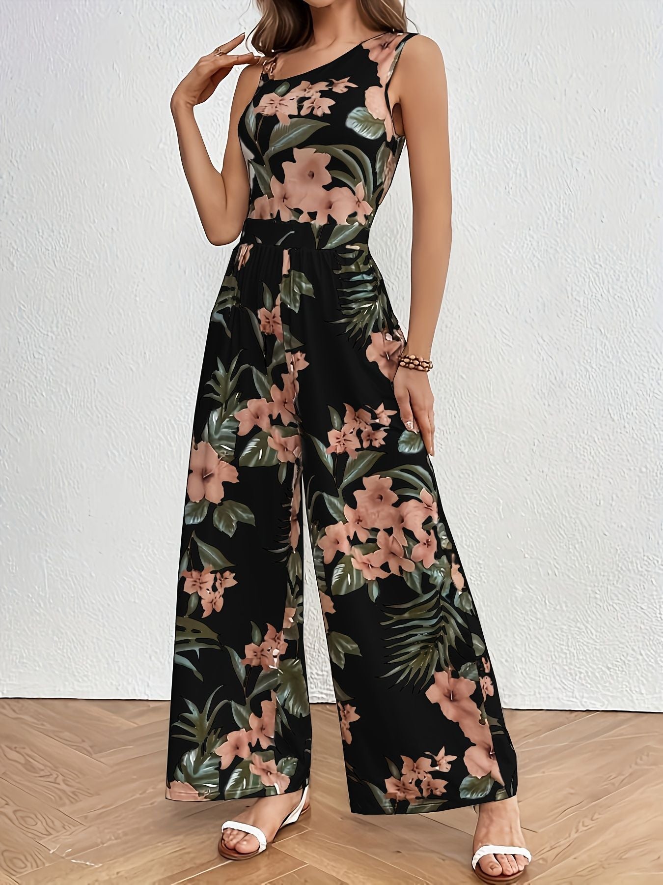 Floral Print Casual Wide-Leg Sleeveless Romper Jumpsuit