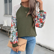 Cross-border Knitted Top With Crew Neck And Floral Patchwork Design
