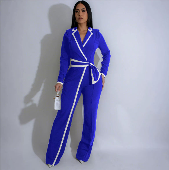 Fashion Belt Design Dual-color Patchwork Long Sleeve Jumpsuit