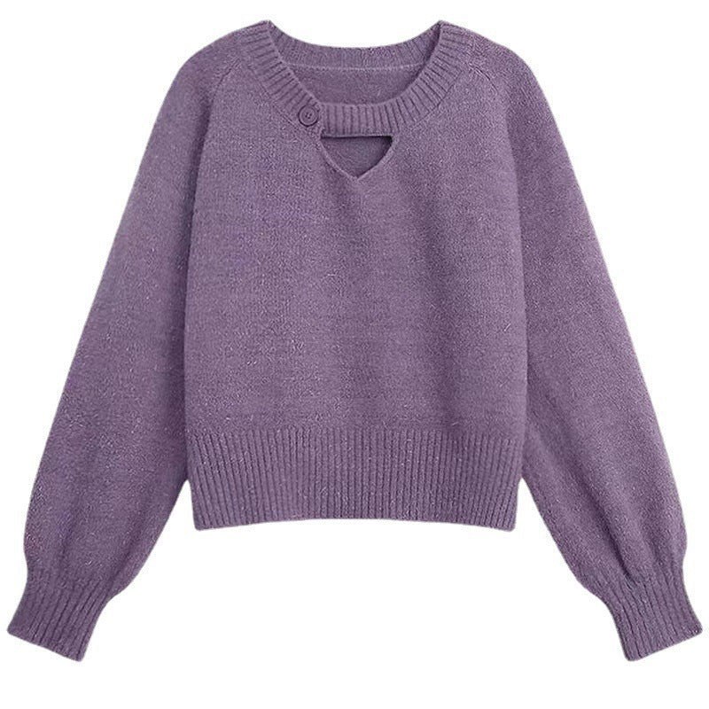 Knitted Sweater Women's Autumnwinter Korean-style Loose-fit Slimming Top with Exposed Collarbones and Long Sleeves