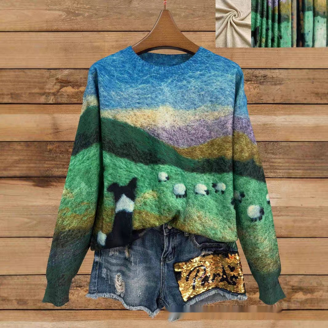 Chic Printed Long Sleeve Knitted Casual Top