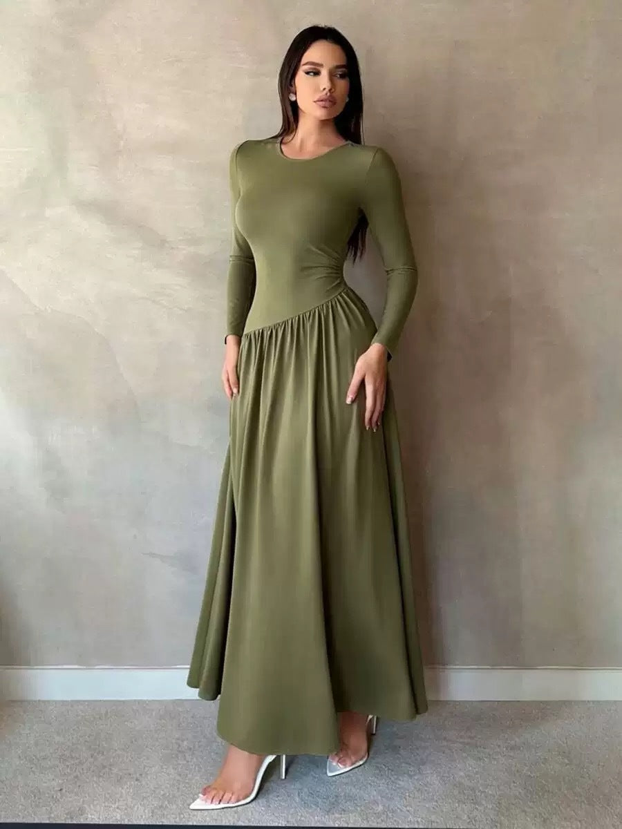 Elegant Solid Color Slim-Fit Long-Sleeve Dress