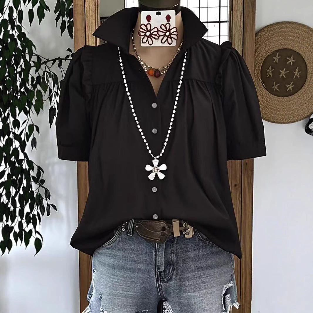 Summer New Womens Casual Loose Fashion Pleated Solid Color Patchwork Short-Sleeve Shirt