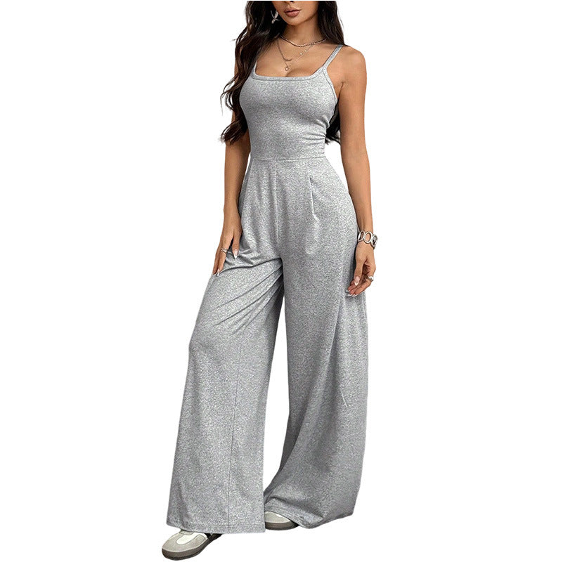 Women's Solid Color Loose Summer Strap Jumpsuit
