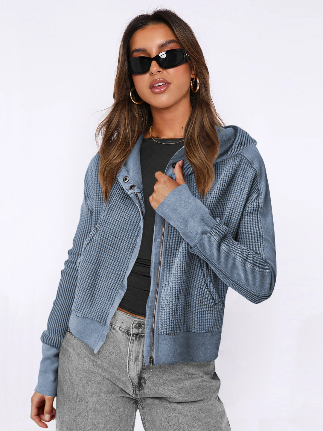 Casual Patchwork Zip-Up Long Sleeve Cardigan Sweater