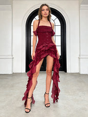 Halter Corset & Irregular Ruffle Shorts Two-piece Set