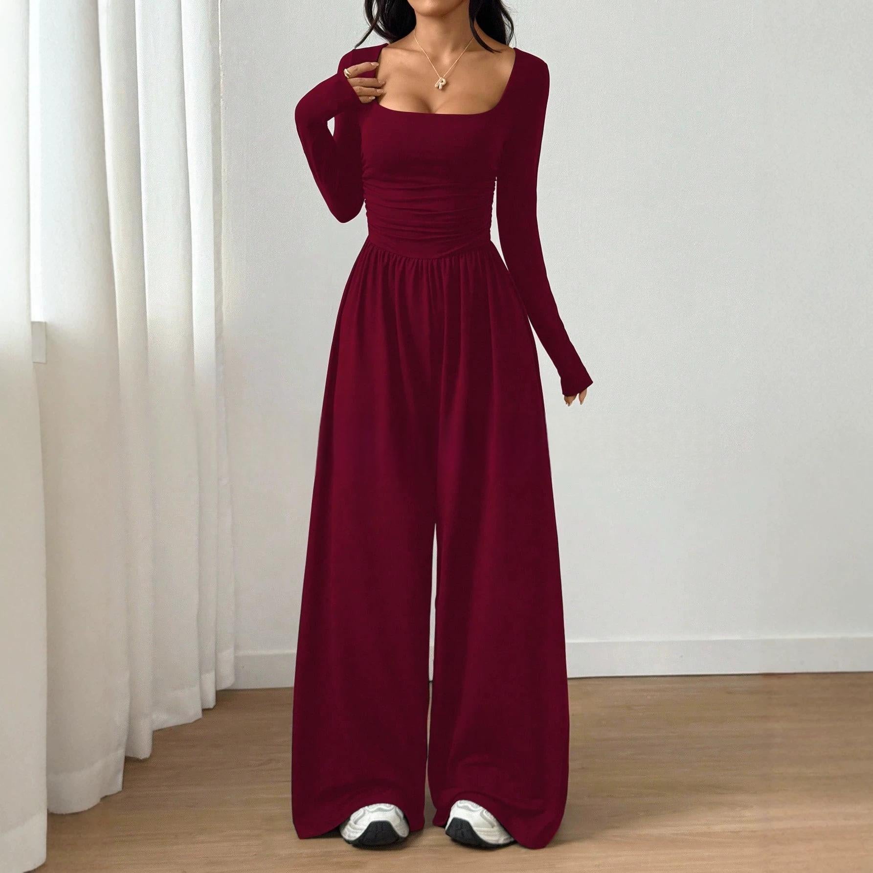 2026 Spring Fall Women's Casual Solid Color Square Neck Long Sleeve A-Line Jumpsuit Pleating Wide Leg Loose Mopping Jumpsuit