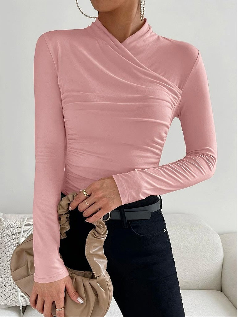 Cross Collar Pleated Slim Long Sleeve Top