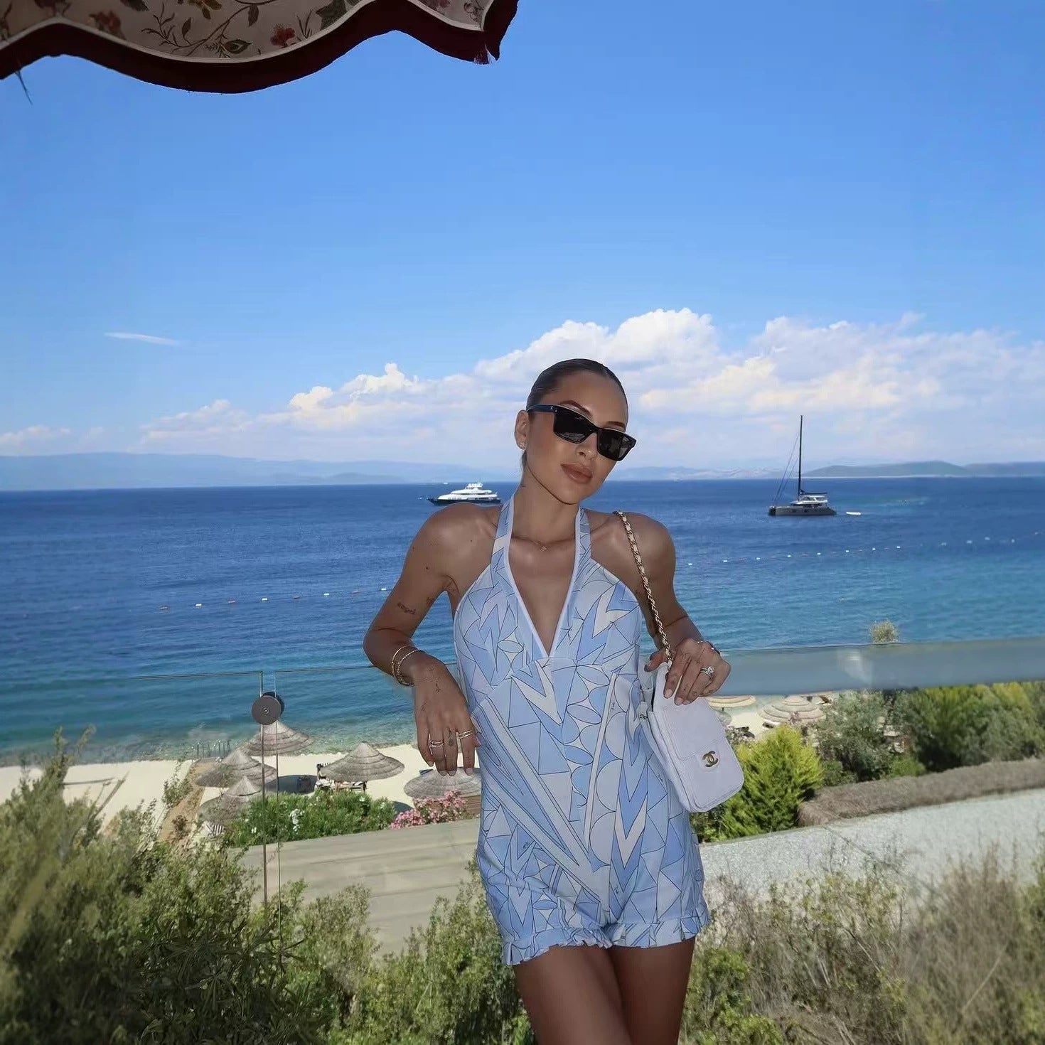 Chic Geometric Print Backless Halter Jumpsuit