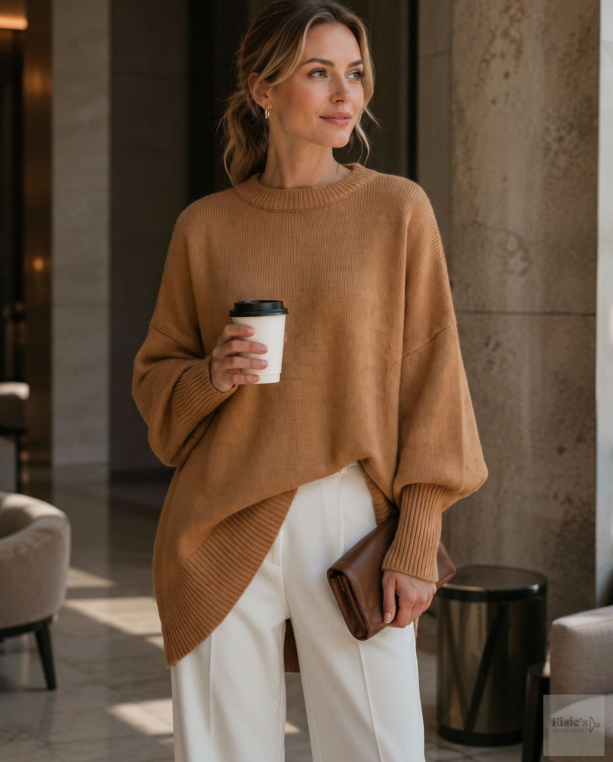 Womens Loose-fitting, Laid-back Style Crew-neck Knit Sweater