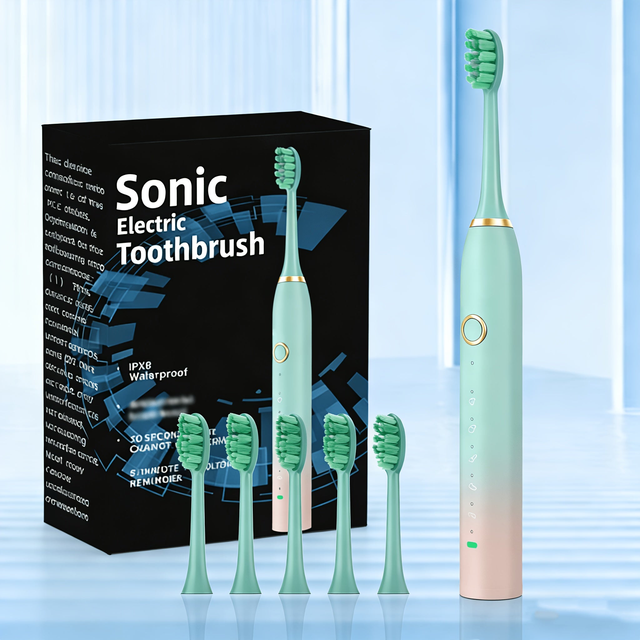 IPX8 Sonic Electric Toothbrush with USB Charging, 5 Replacement Heads and Smart Timer