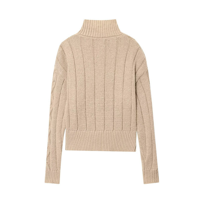 Womens Zip-up Stand Collar Cable-knit Sweater