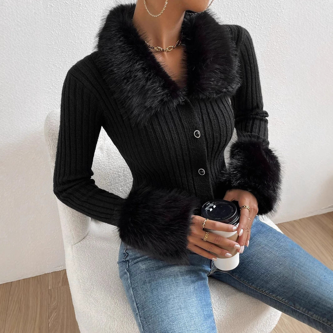 New V-neck Knitted Cardigan with a Slim Fit and a Fur-trimmed Collar