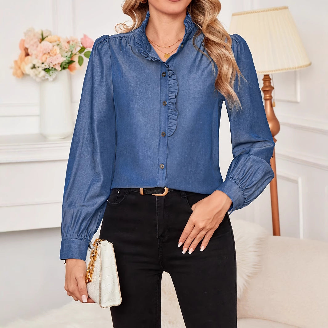 Denim French Retro Ruffle-Trimmed Shirt For Women High-End Elegant Style