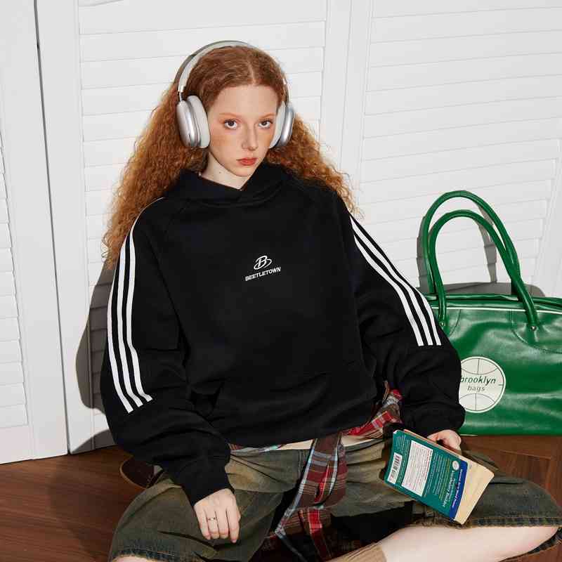 Women's Retro Striped Raglan Hooded Sports Sweater